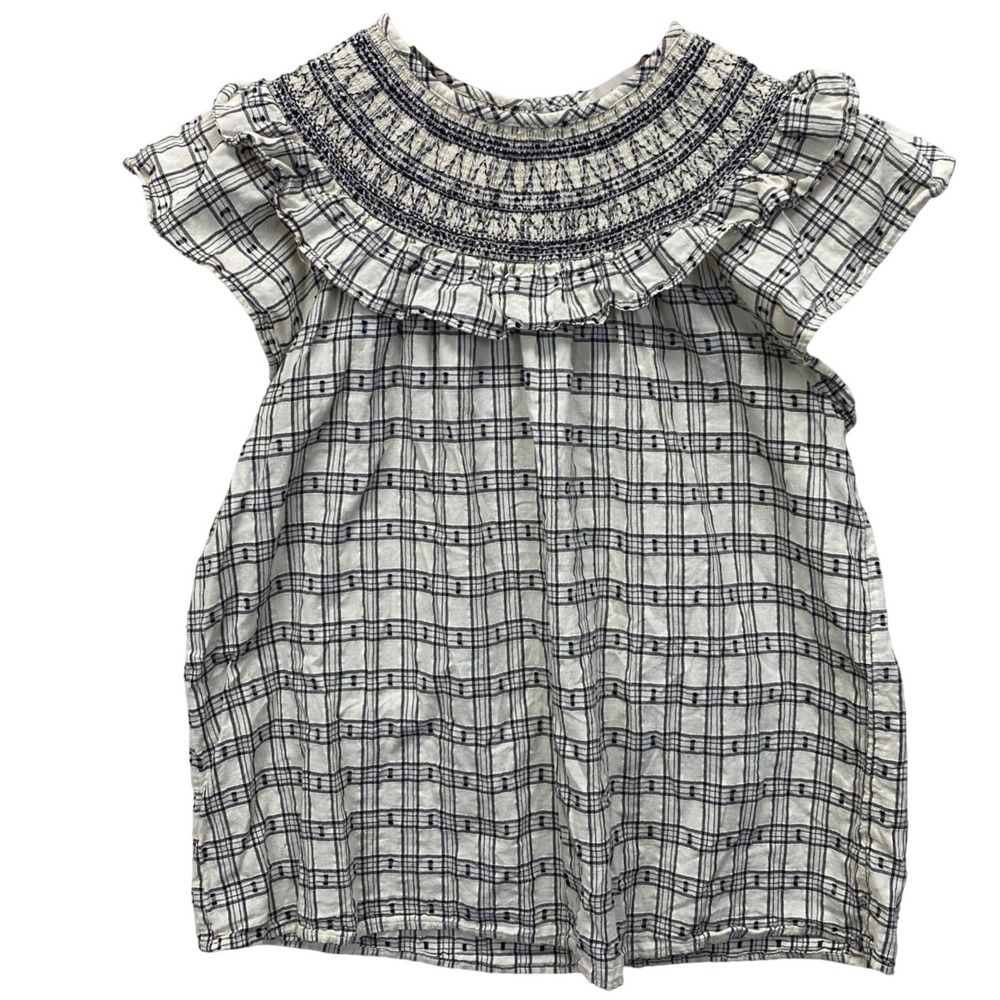 LOFT Womens M White Black Plaid Smocked Ruffle Cap Sleeve Blouse‎ embroidery